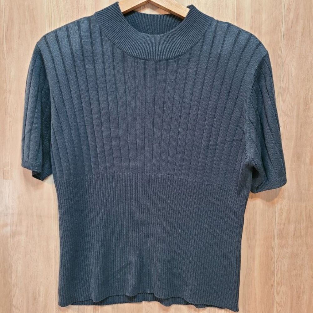 Blue Ribbed Mock Neck Sweater Top Womens Medium Short Sleeve Knit Stretch Pullov